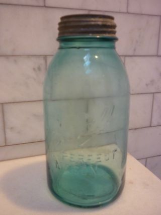 Vintage,  Blue Half Gallon Mason Jar (1910 - 1923) With Zinc Lid & Milkglass.  Rare T photo