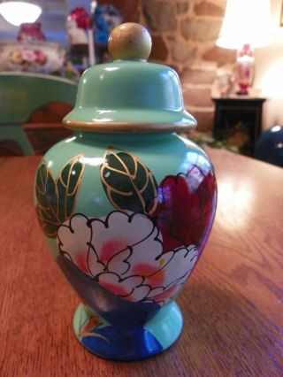 Painted Seafoam Green Ginger Jar W/lid Vibrant Red White Blue Flowers Gold Trim photo