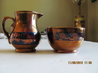 Antique Copper Lusterware Creamer & Sugar Bowl Set photo