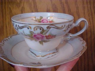 Merit Occupied Japan Cup Saucer Blue Floral Dainty Pretty Handpainted Hp photo