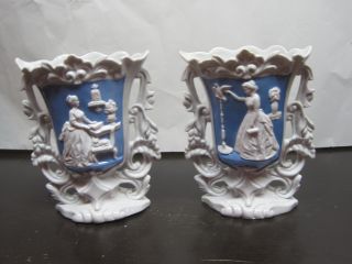 Antique Bennington Rare Blue & White Cottage Vases 7 1/2 