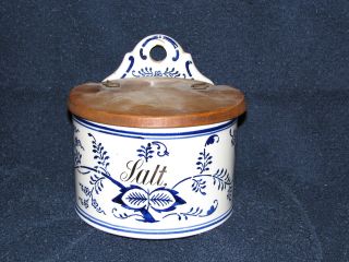 Antique Blue & White Stoneware Hanging Salt Crock Box W/ Lid Great Cond photo