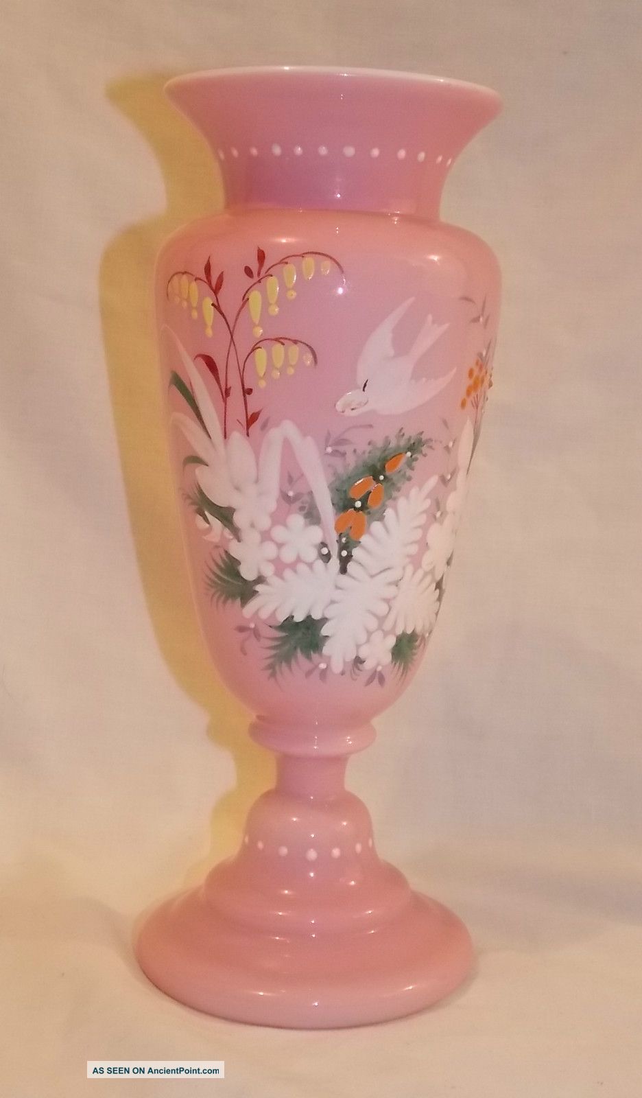 Opaline Vase Pink Over White Glass W Flowers & Dove Victorian Antique Vases photo