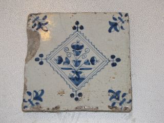 Antique Blue Delft Tile Rare Flower - Poppy? - 17th Century - Jagged Diamond photo