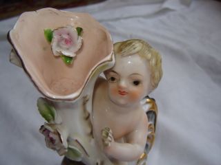 Vintage Porcelain Cherub Figurine On A Gilded Rooster W/floral Cornucopia photo