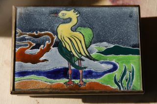 ' 30s Or ' 40s Enameled Box; Yllw Crane W/river; Made - Copper,  Tile,  Brass & Wood photo