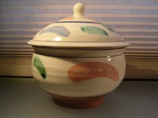 Redware Tureen Hand Painted Signed Covered Clay Bakeware Slip Bowl photo