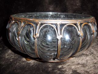 Unique Antique Blown Molded Into Bronze Footed Frame Glass Bowl photo