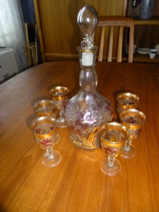 Gilted Antique Or Vintage Decanter With 6 Matching Liqueur / Port Glasses photo