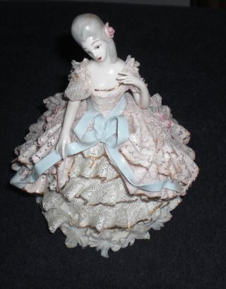 Vintage Dresden Porcelain Lady With Ruffled Lace Dress photo