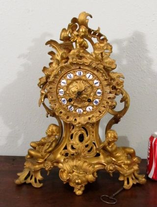 Antique French Dore Gilt Bronze Figural Clock With Cherubs Putti photo