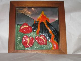 Volcano - Flower Scene - Ceramic Art Tile Handpainted photo