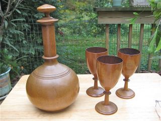 Wooden Decanter With 3 Wood Goblets L@@k photo