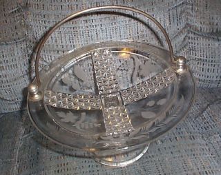 Antique Elegant Etched Pedestal Dish W/pewter Handle Diamond Cut Design photo
