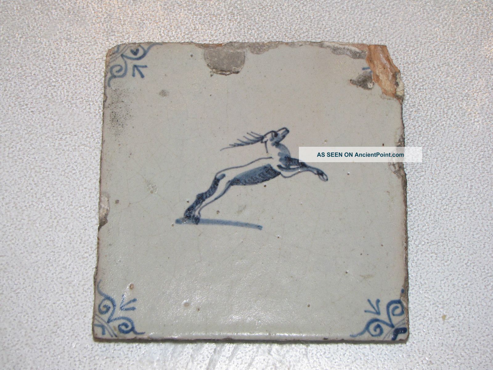 Antique Blue Delft Tile Leaping Deer Animal - Reddish Clay 16th - 17th Century Other photo