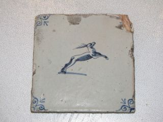 Antique Blue Delft Tile Leaping Deer Animal - Reddish Clay 16th - 17th Century photo