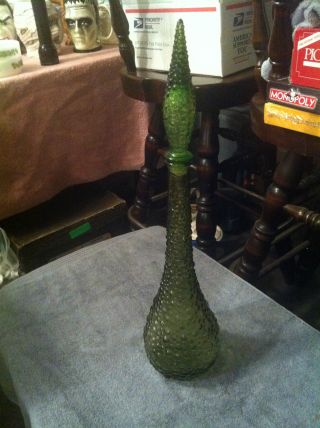 Vintage Mid Century Olive Green Hobnail Art Glass Decanter Genie Bottle photo