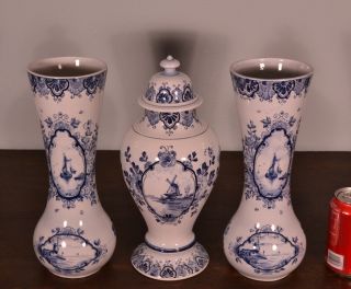 Antique Delft Tin Glazed Faience Vases & Ginger Jar Cabinet Set By Petrus Regout photo