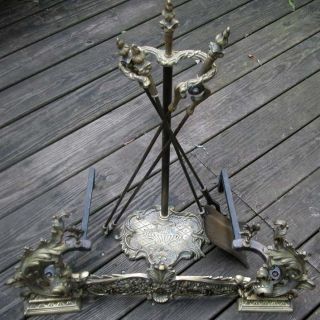 Antique Brass Art Nouveau Baroque Fireplace Fender Andirons Firedogs Tools Stand photo
