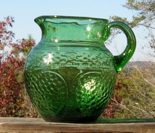 Antique Style Mouth Blown Green Glass Pitcher Handmade Colonial Country Vase Pon photo
