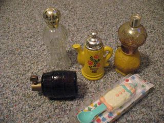 5 Pc.  Avon Bottles: Coffee Pot,  Lamp,  Barrell,  Clear W/lid,  & Musical Baby Spoon photo