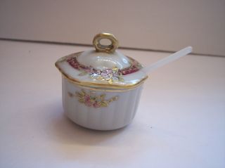 Vintage Nippon Mustard Pot Jam Jar Gold Moriage Vines Pink Blossoms Hand Painted photo