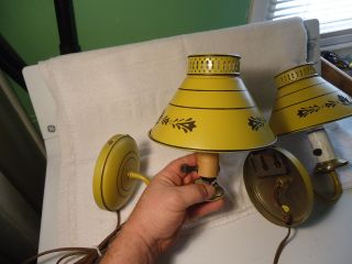 1950 ' S Pair Vintage Golden Country Yellow Metal Tole Toleware Wall Sconce Lamps photo