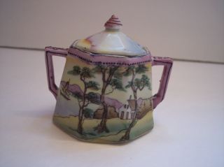 Vintage Rare Te Oh Nippon Mustard Pot Jam Jar Hand Painted Sailboat Cabin Lake photo
