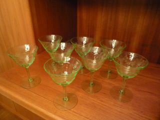 8 Antique Chartreuse Wine Glasses With Cut Flower And Leaf Pattern photo