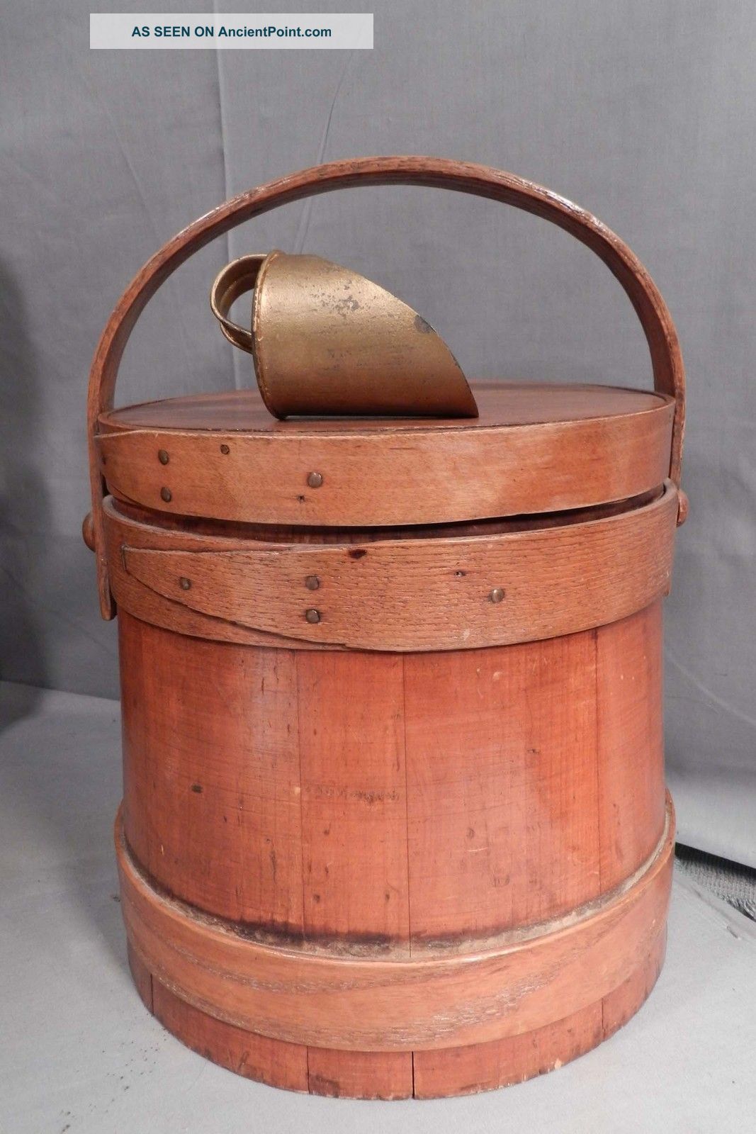 Antique Wooden Sugar Bucket Firkin Pantry Box Copper Tacks Ash Maple Pine Boxes photo