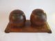 Vintage Two Wooden Round Canister Hinged Lid Barrels Wood Balls Jars On Platform Other photo 9