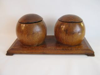 Vintage Two Wooden Round Canister Hinged Lid Barrels Wood Balls Jars On Platform photo
