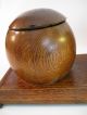 Vintage Two Wooden Round Canister Hinged Lid Barrels Wood Balls Jars On Platform Other photo 5