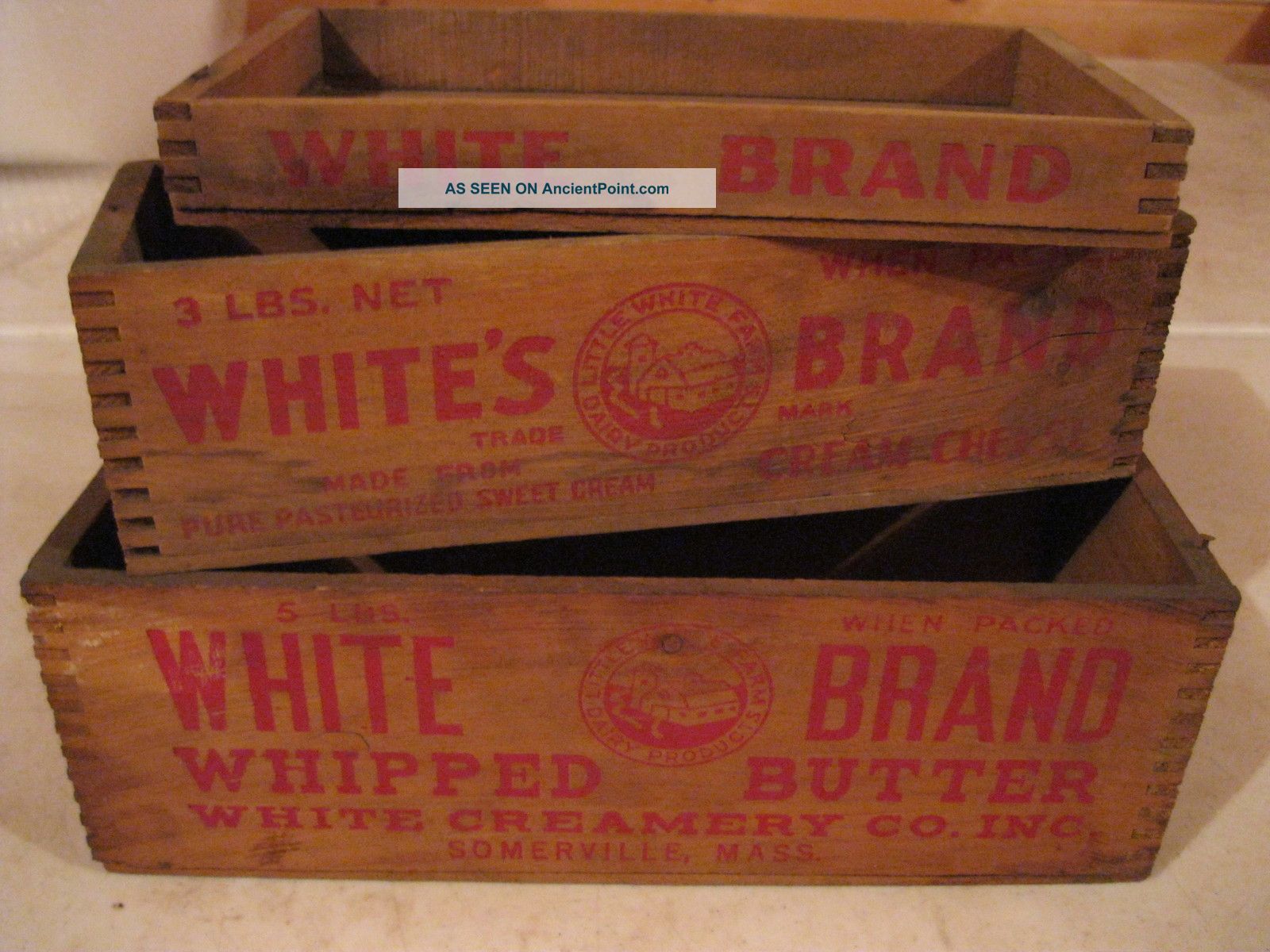 Primitive Antique Wooden Dovetail Cheese Boxes White Brand Boxes photo
