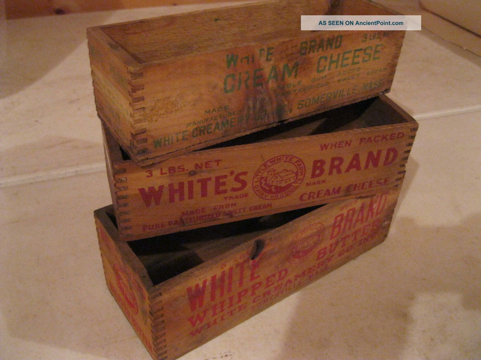 Primitive Antique Wooden Dovetail Cheese Boxes White Brand Red And Green Letter Boxes photo