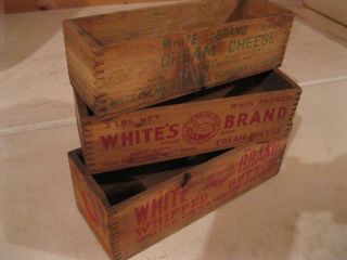 Primitive Antique Wooden Dovetail Cheese Boxes White Brand Red And Green Letter photo