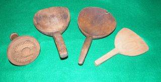 Set Of 4 Antique Hand Carved Wood Butter Tools Mold Scoops Spoons,  Scrapers photo