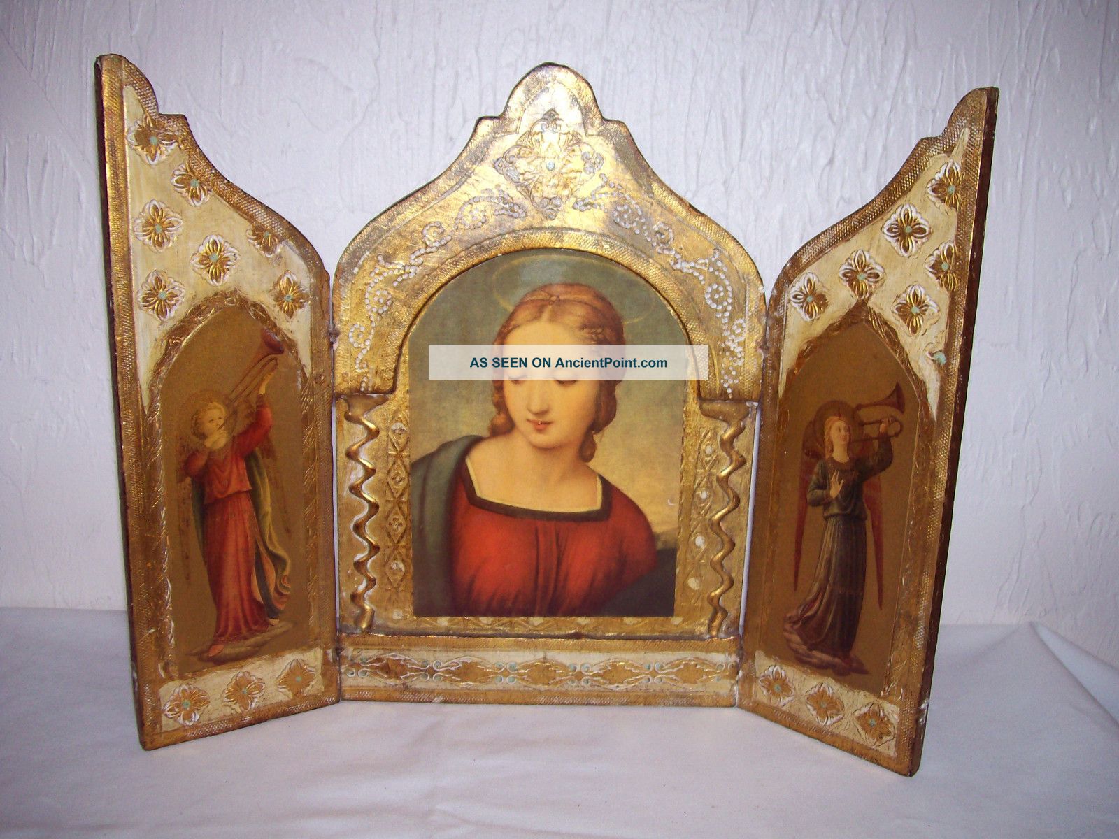 Italian Florentine Vintage Medium Triptych Madonna And Angels Toleware photo