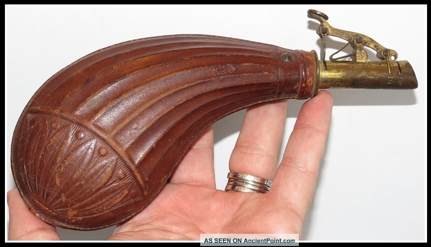 Unusual Antique 19th C Powder Horn W Hand Tooled Leather Nr Metalware photo
