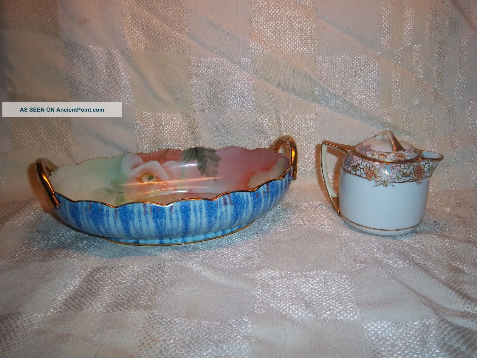 Nippon Handled Floral Bowl And Nippon Covered Syrup Pitcher Bowls photo