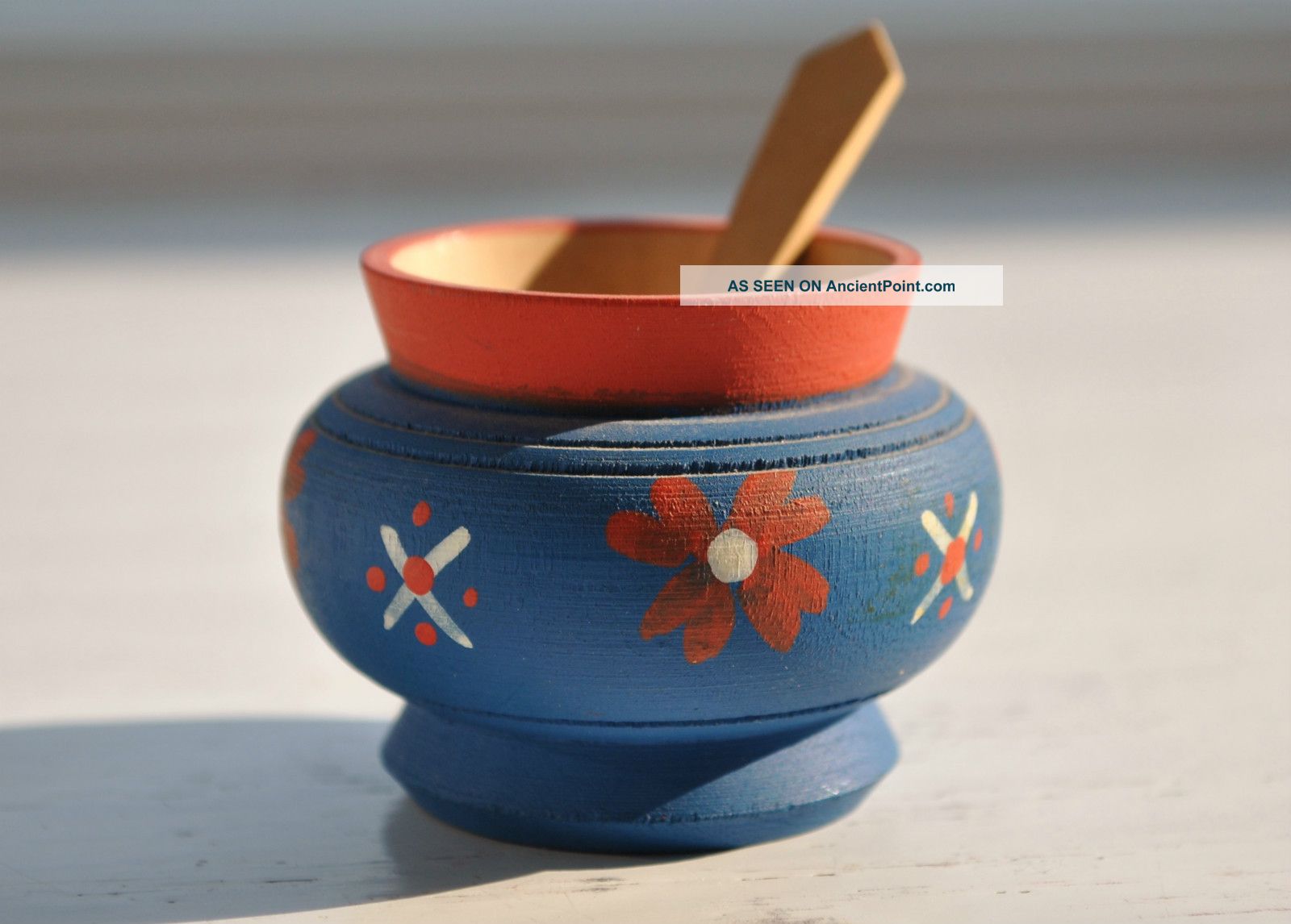 Hand Painted Norwegian Blue Salt Cellar Pot With Spoon From 1940 ' S Bowls photo