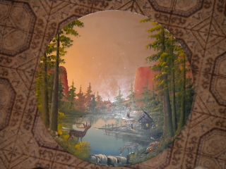 Collectible Oil Painted Mirror/deer & Cabin On Lake/mountains/home Decor/antique photo