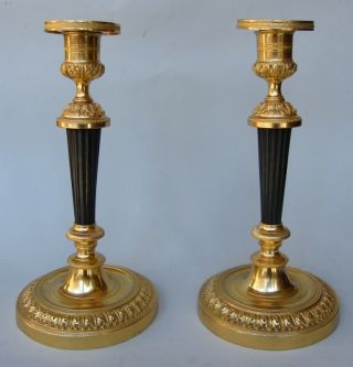 Pair French Bronze Ormolu Single Light Candlesticks Mid 19th Century photo