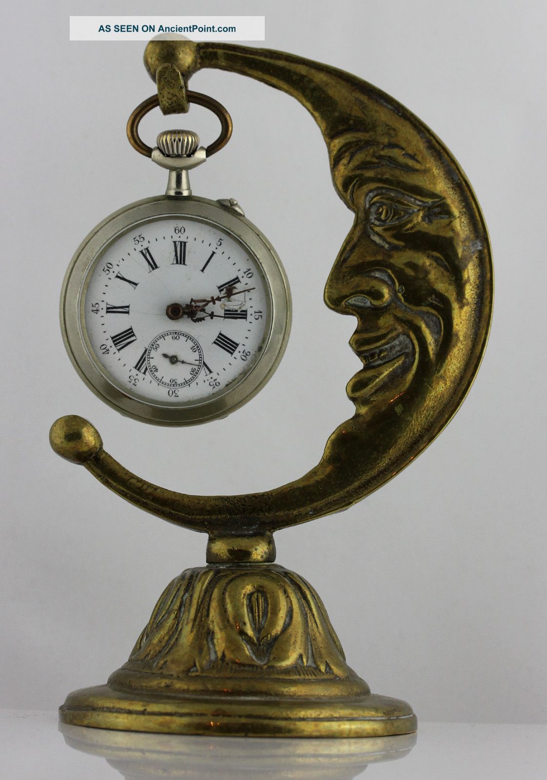 Magnificent Antique Moon Art Nouveau Pocket Watch Holder Brass Metalware photo