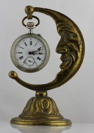 Magnificent Antique Moon Art Nouveau Pocket Watch Holder Brass photo
