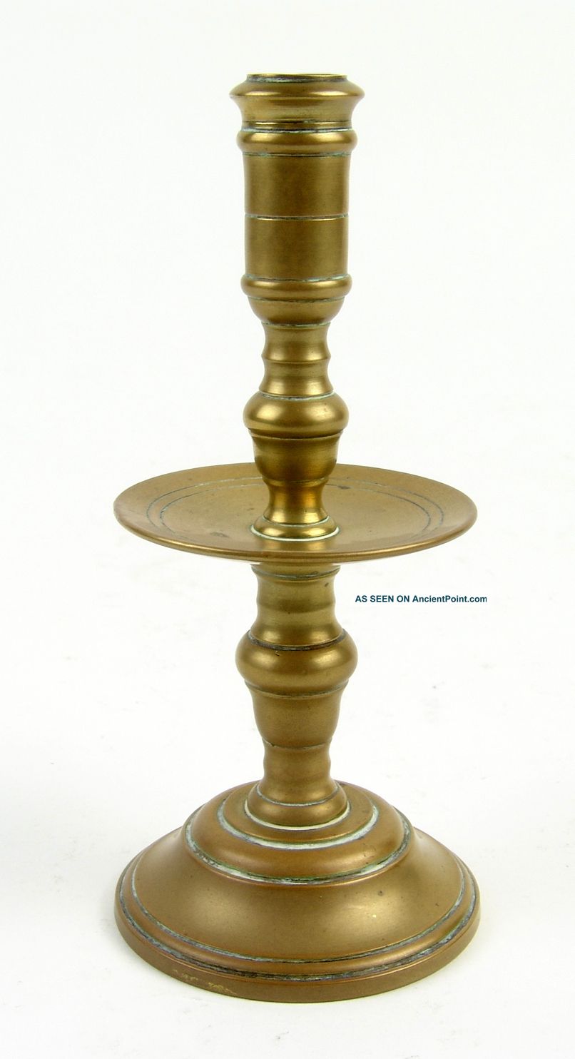 Splendid Small Antique 17thc Dutch Brass Panel Candlestick Candle Holder Metalware photo