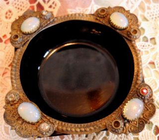 Czech Bohemian Jeweled Opal? Ormolu Mount,  Faceted Black Glass Nut Or Salt Dish photo