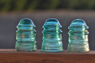 3 Antique Vintage Blue Green Glass Hemingray 12 Insulators photo