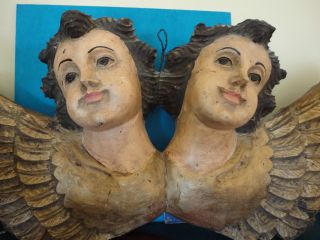 Vintage Pair Large Wood Carved Cherub Angels Ornate Victorian Design photo