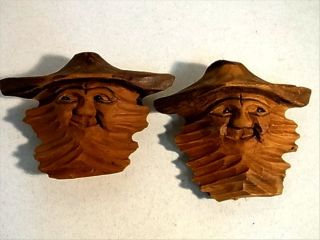 2 Rare Antique Mountain Gnome Troll Wall Mask Germany Carved Wood 1900/30 photo